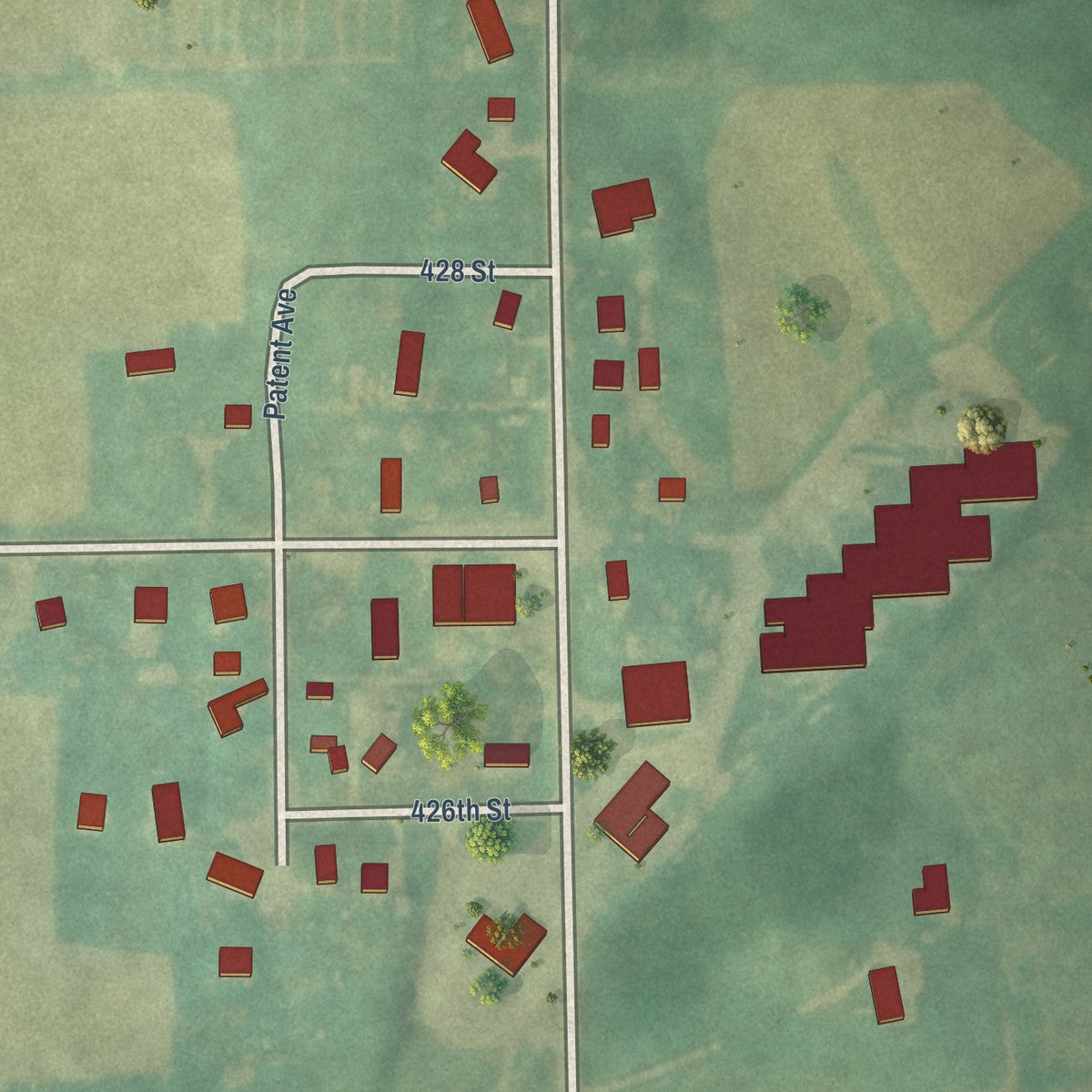 Close-up of the map of Little Cedar, Iowa print showing street and building detail