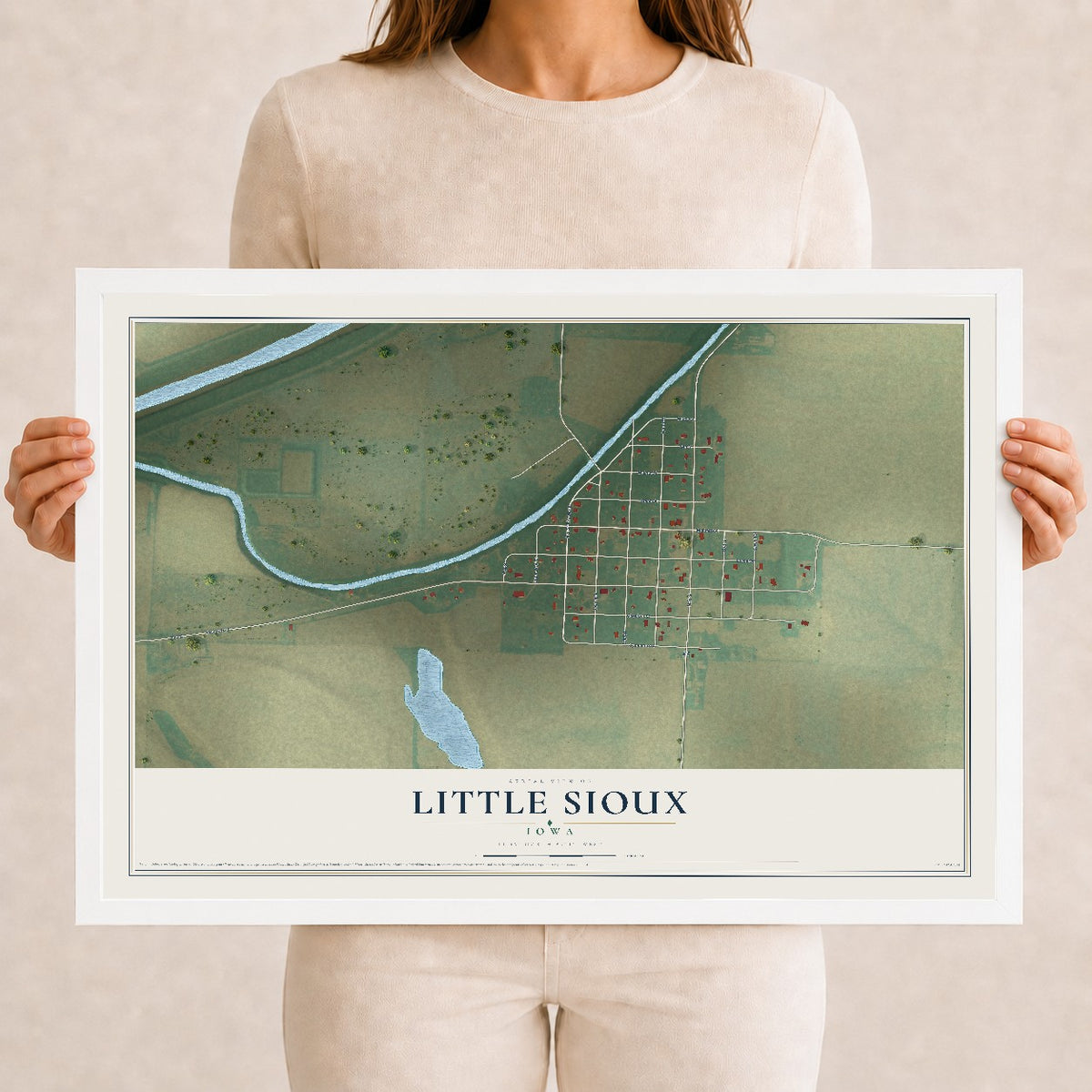 Map of Little Sioux, Iowa, 12 x 18 inch print in a white wood frame