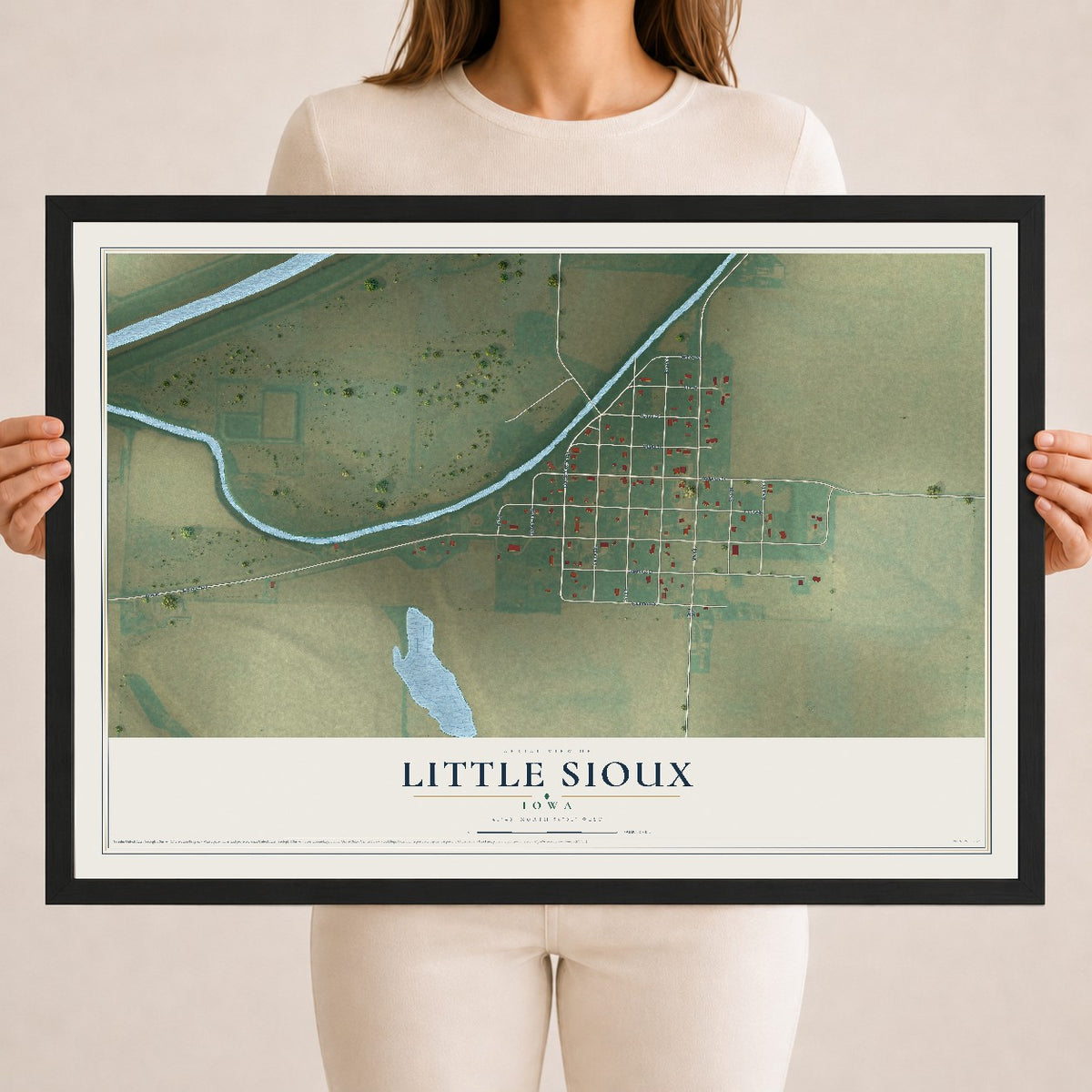Map of Little Sioux, Iowa, 18 x 24 inch print in a black wood frame