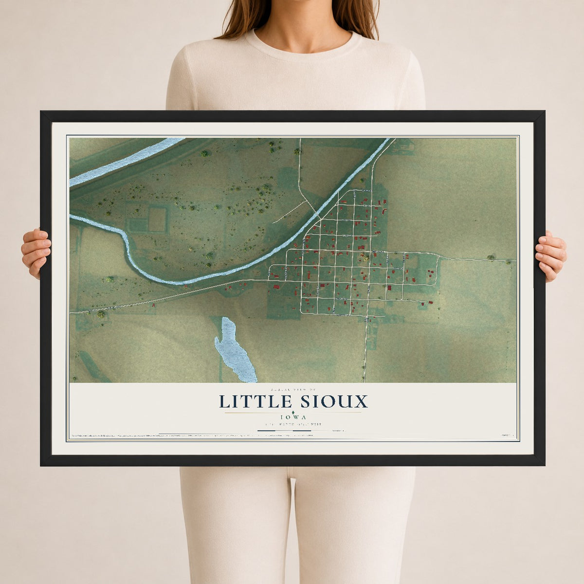 Map of Little Sioux, Iowa, 24 x 36 inch print in a black wood frame