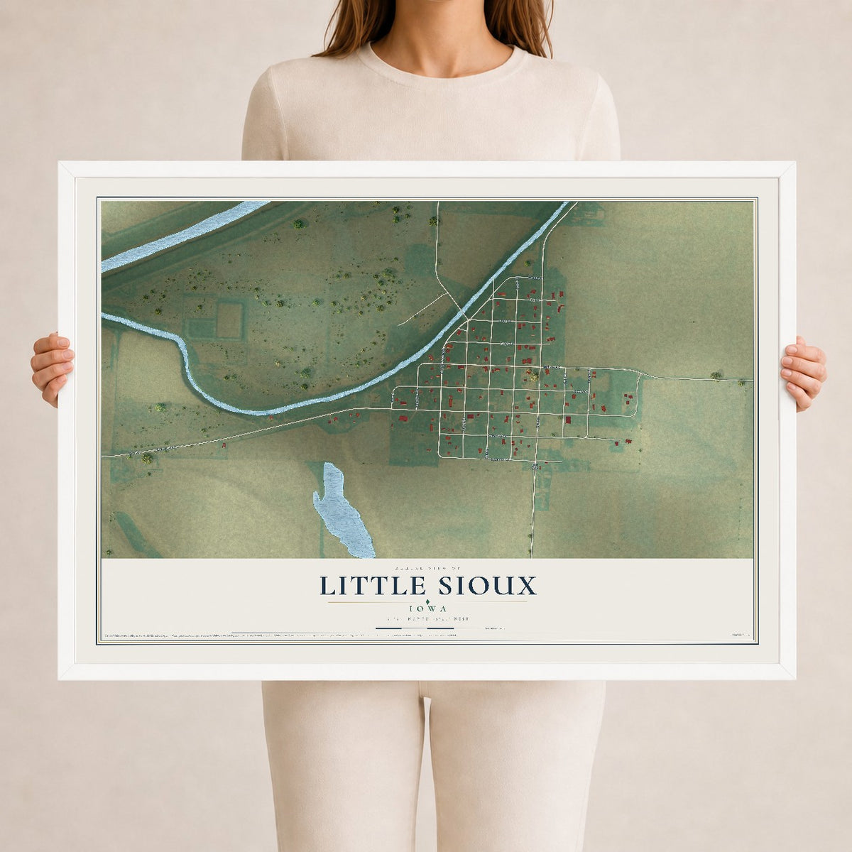 Map of Little Sioux, Iowa, 24 x 36 inch print in a white wood frame