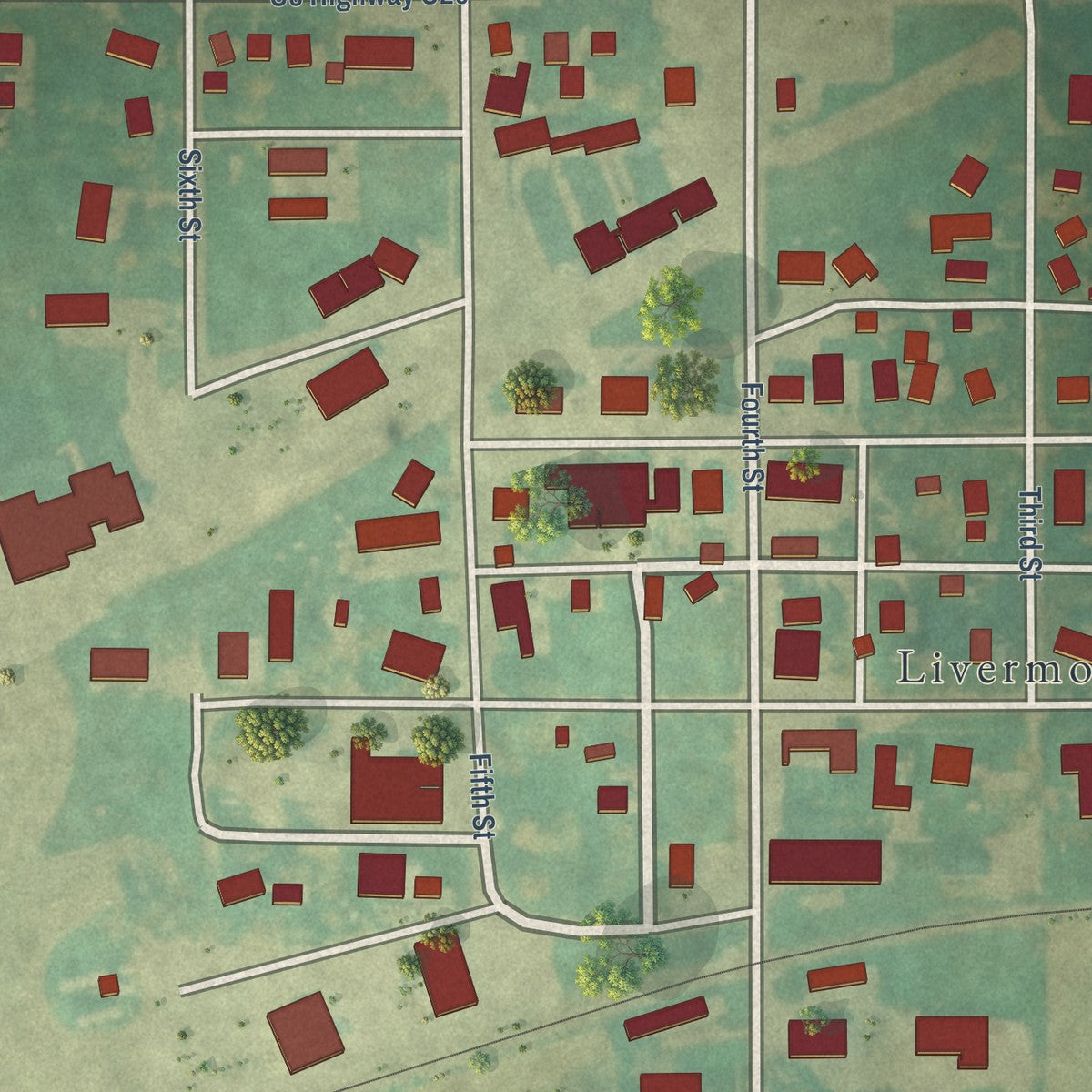 Close-up of the map of Livermore, Iowa print showing street and building detail
