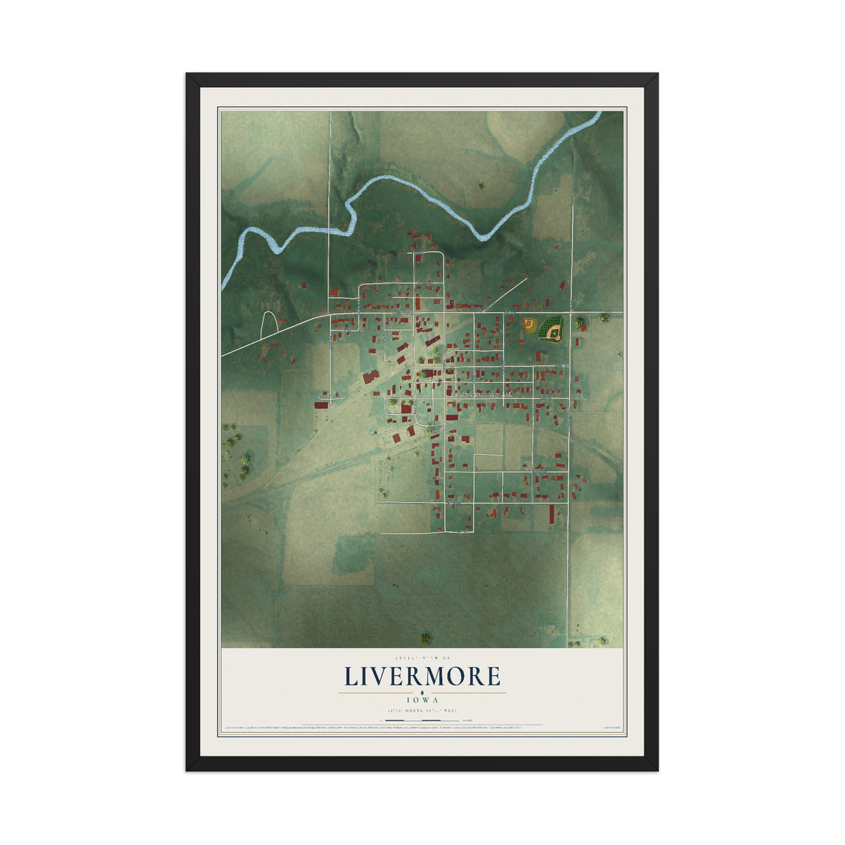 Map of Livermore, Iowa, 12 x 18 inch print in a black wood frame