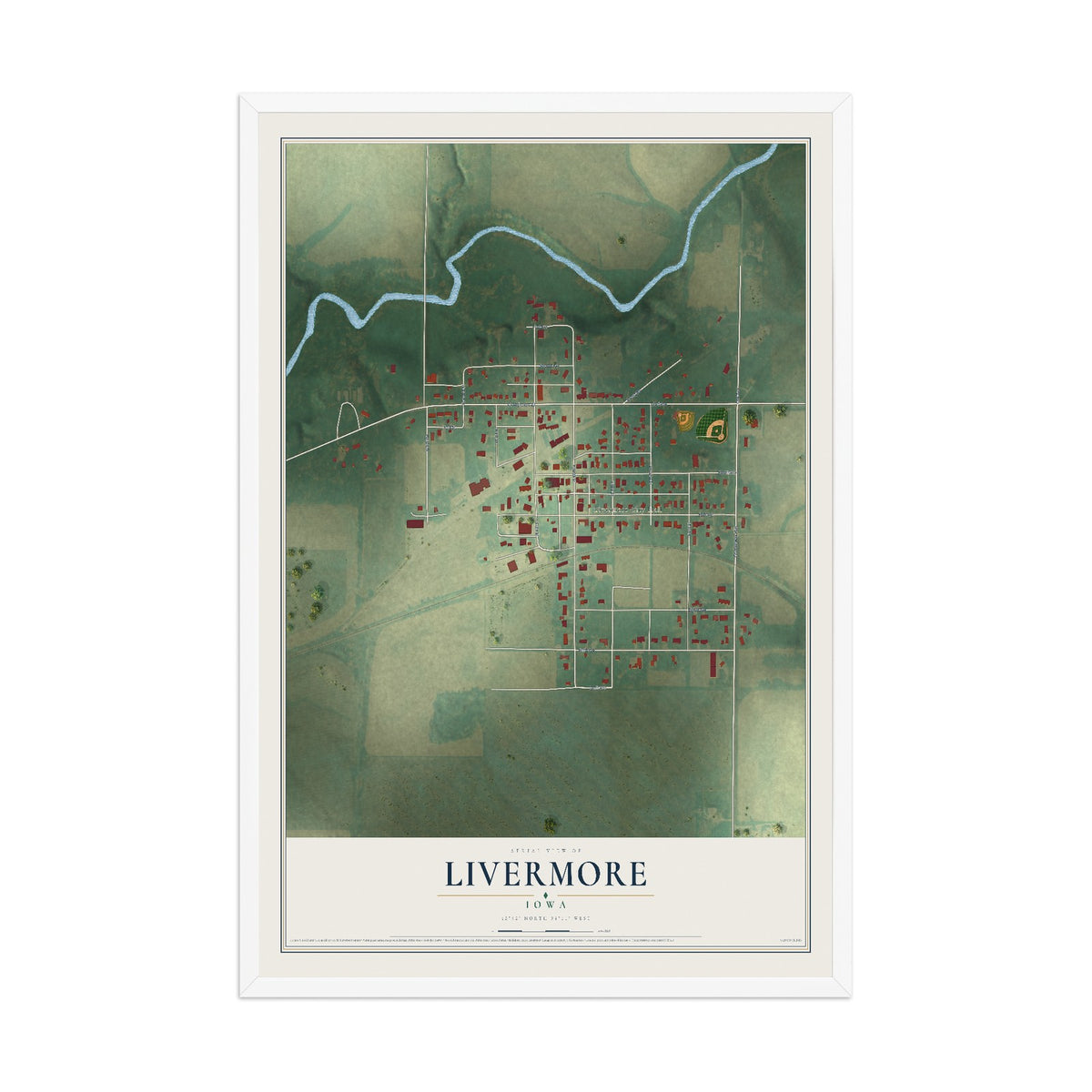 Map of Livermore, Iowa, 12 x 18 inch print in a white wood frame