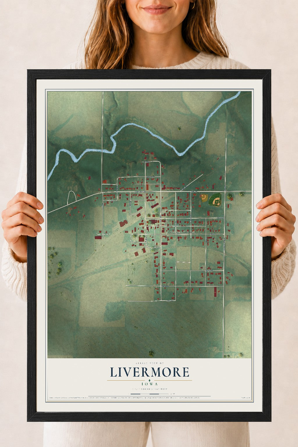 Map of Livermore, Iowa, 18 x 24 inch print in a black wood frame