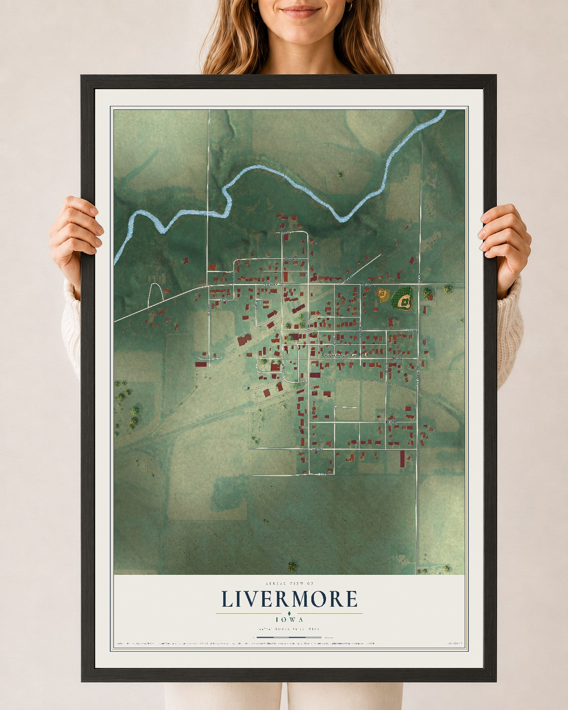 Map of Livermore, Iowa, 24 x 36 inch print in a black wood frame