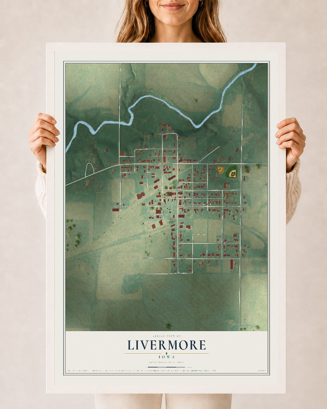 Map of Livermore, Iowa, 24 x 36 inch print in a white wood frame
