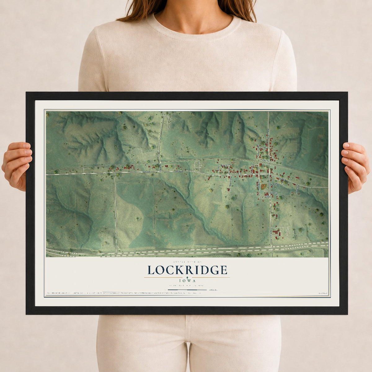Map of Lockridge, Iowa, 12 x 18 inch print in a black wood frame