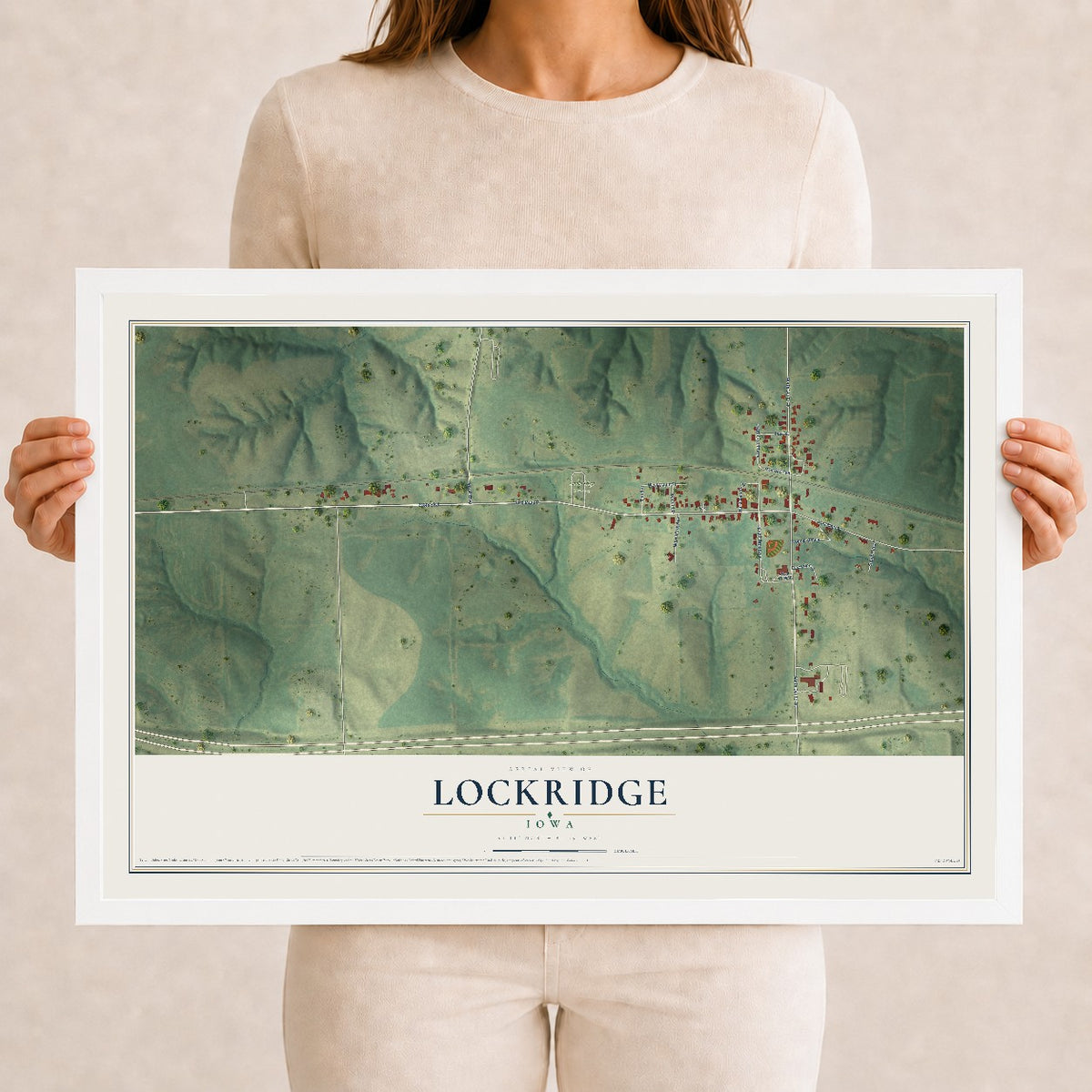 Map of Lockridge, Iowa, 12 x 18 inch print in a white wood frame