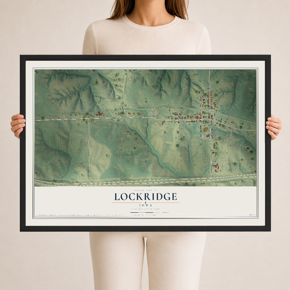Map of Lockridge, Iowa, 24 x 36 inch print in a black wood frame
