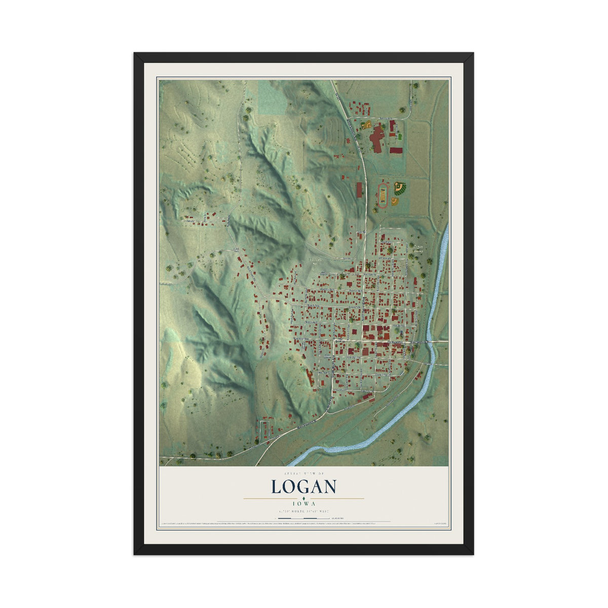 Map of Logan, Iowa, 12 x 18 inch print in a black wood frame