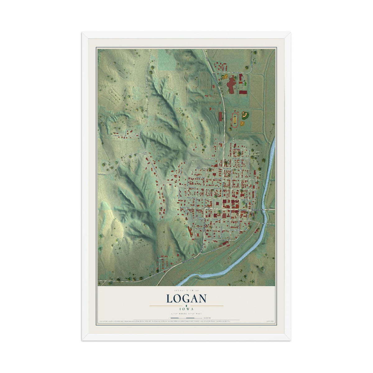 Map of Logan, Iowa, 12 x 18 inch print in a white wood frame