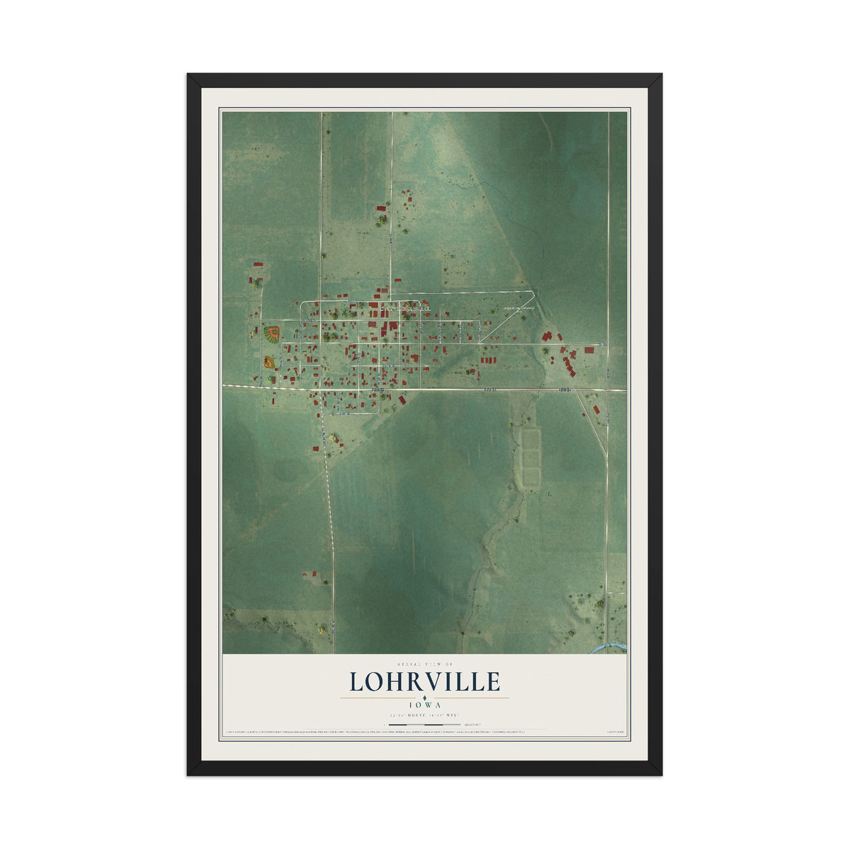 Map of Lohrville, Iowa, 12 x 18 inch print in a black wood frame