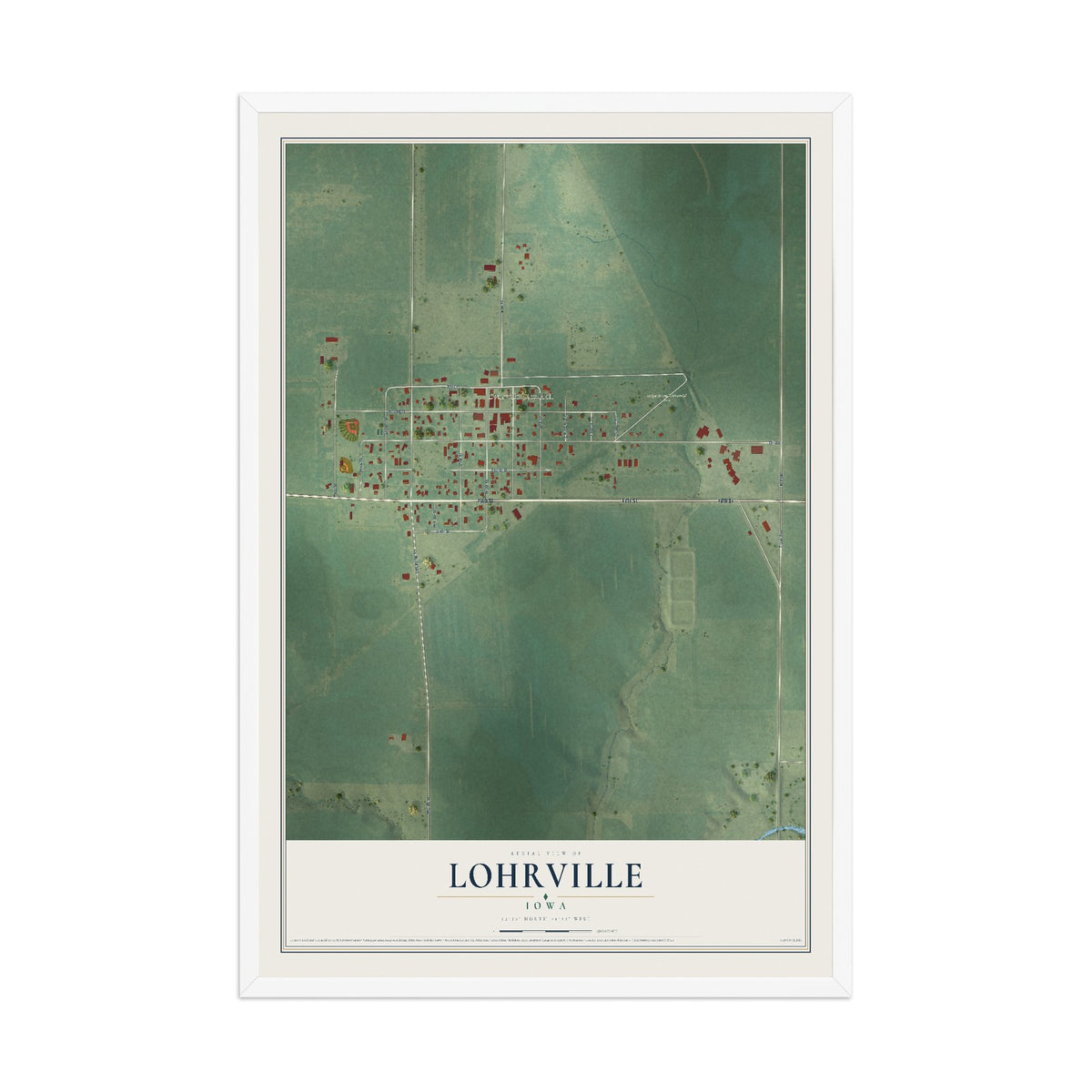 Map of Lohrville, Iowa, 12 x 18 inch print in a white wood frame