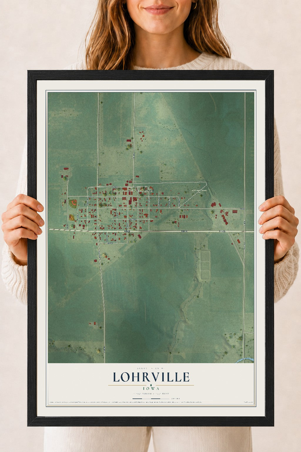 Map of Lohrville, Iowa, 18 x 24 inch print in a black wood frame