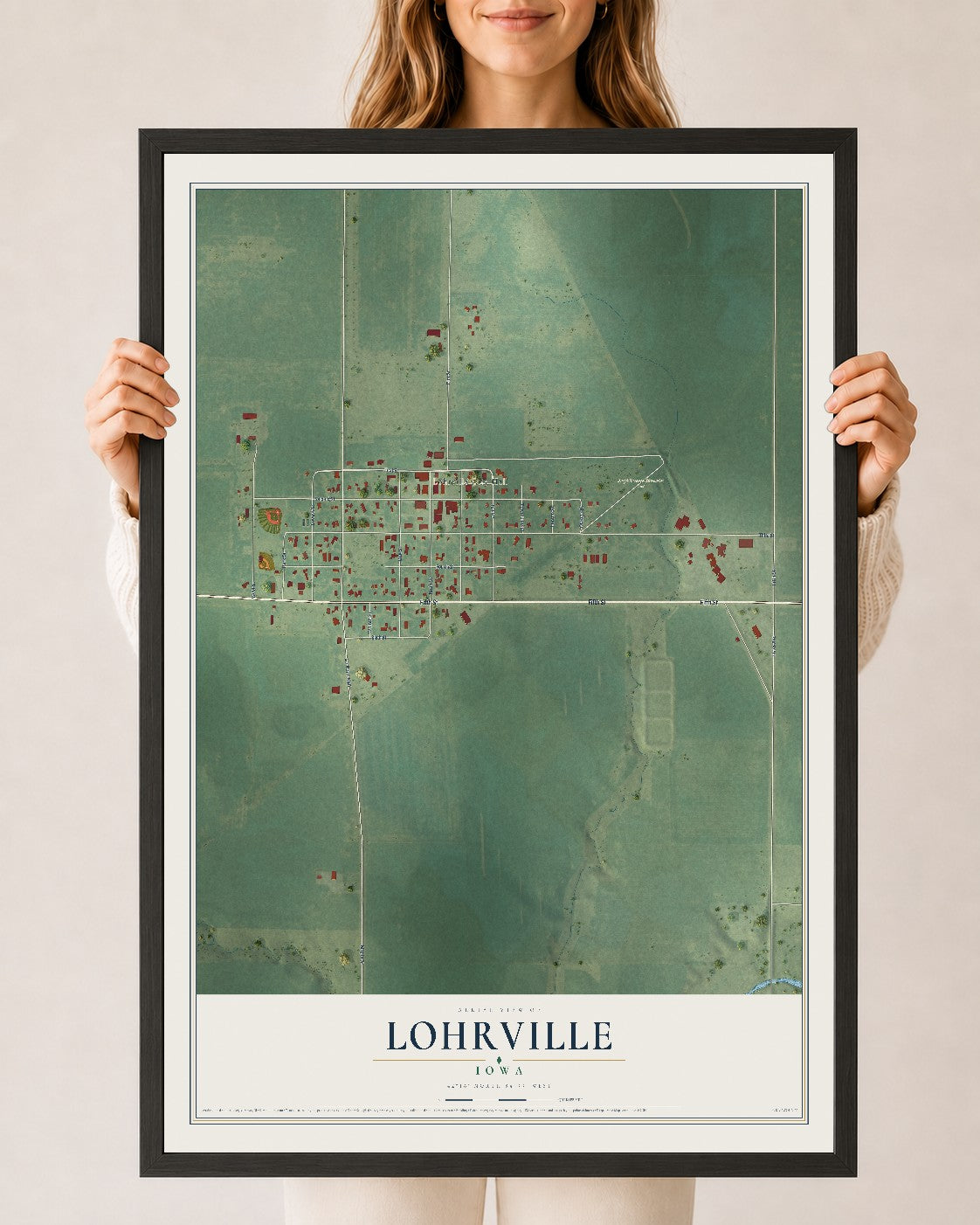 Map of Lohrville, Iowa, 24 x 36 inch print in a black wood frame