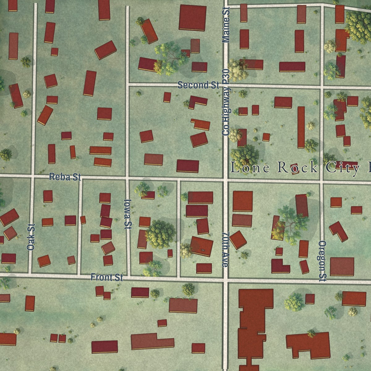 Close-up of the map of Lone Rock, Iowa print showing street and building detail
