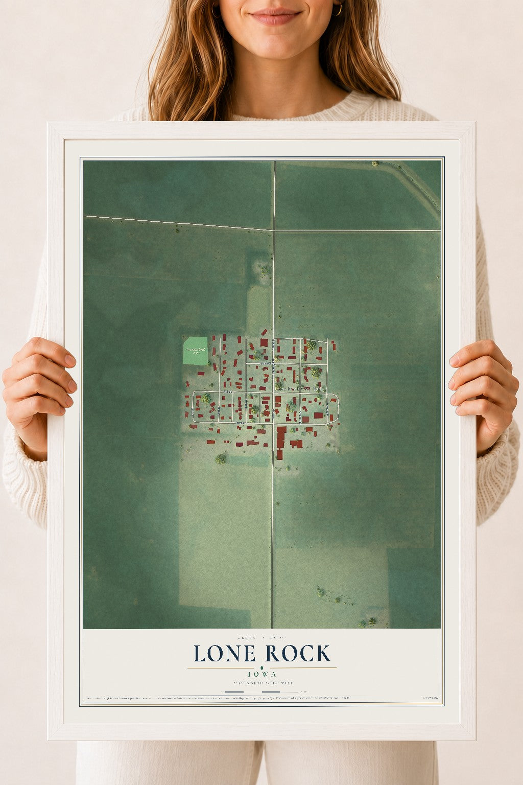 Map of Lone Rock, Iowa, 18 x 24 inch print in a white wood frame