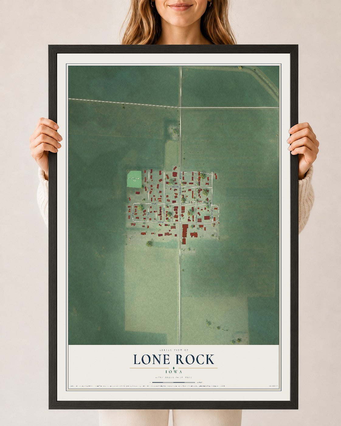 Map of Lone Rock, Iowa, 24 x 36 inch print in a black wood frame