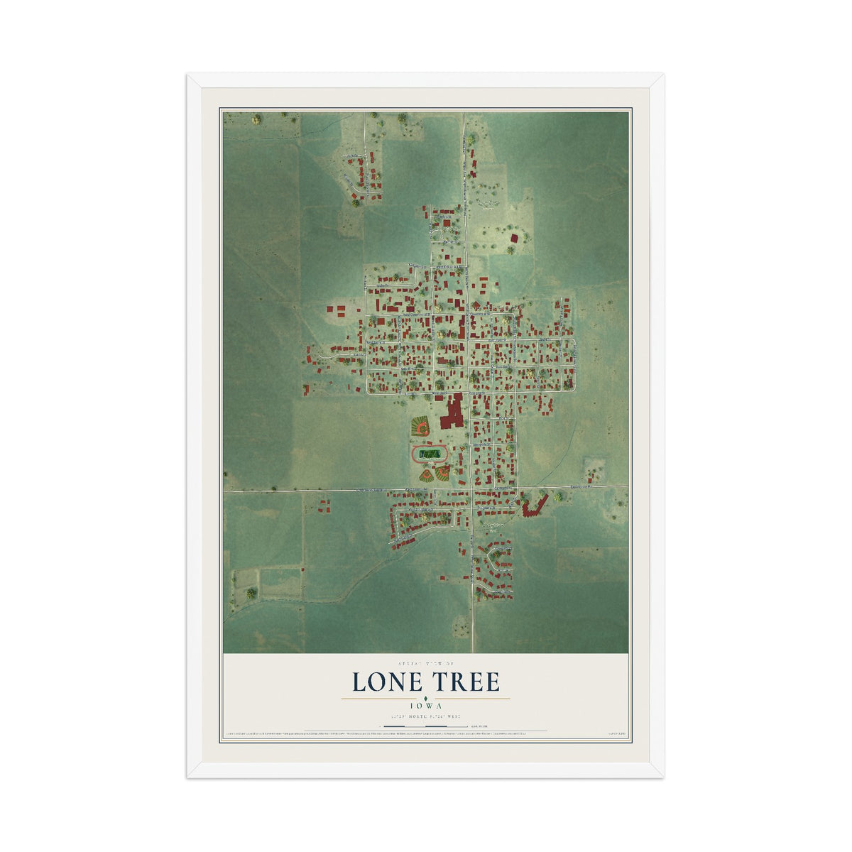 Map of Lone Tree, Iowa, 12 x 18 inch print in a white wood frame