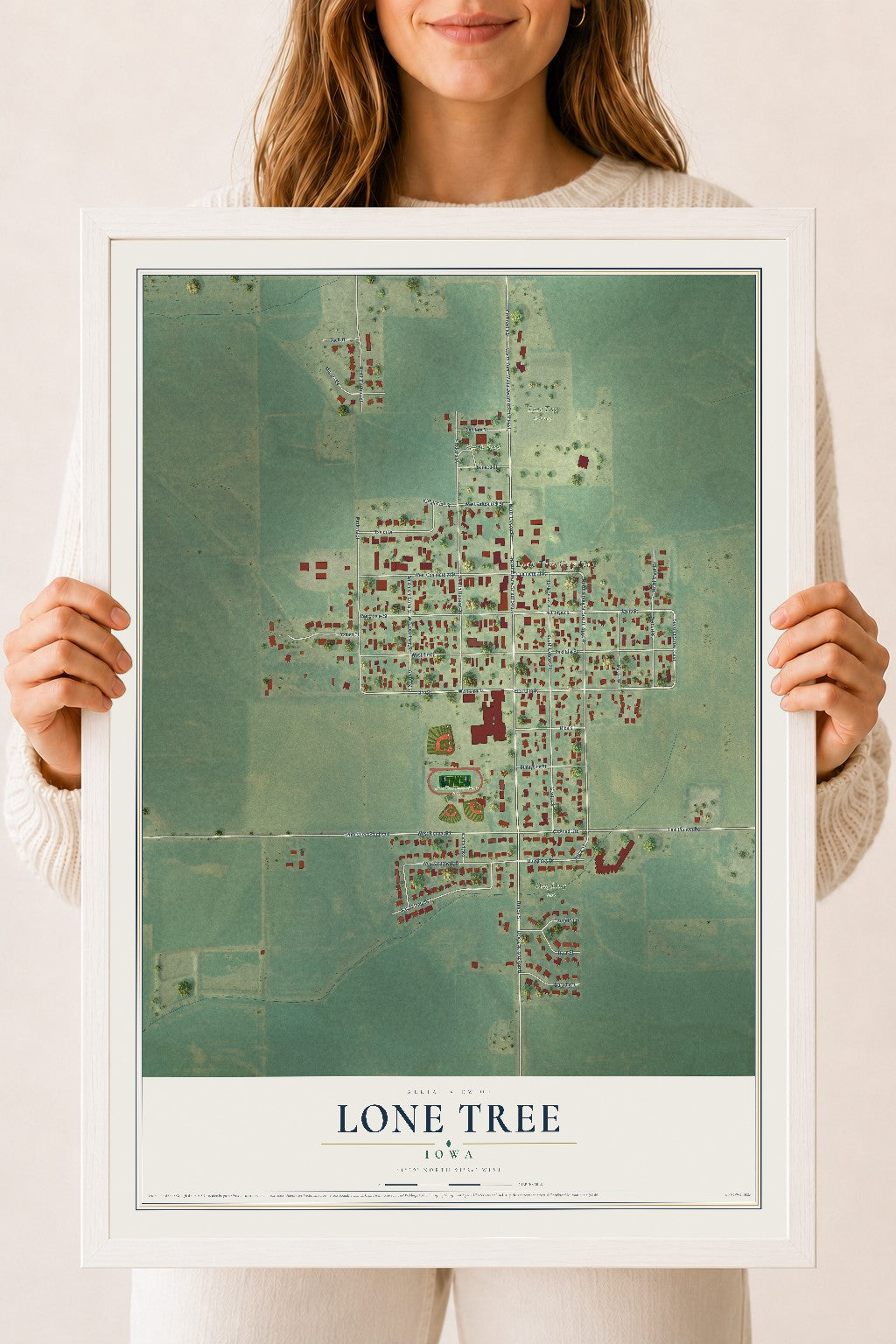 Map of Lone Tree, Iowa, 18 x 24 inch print in a white wood frame