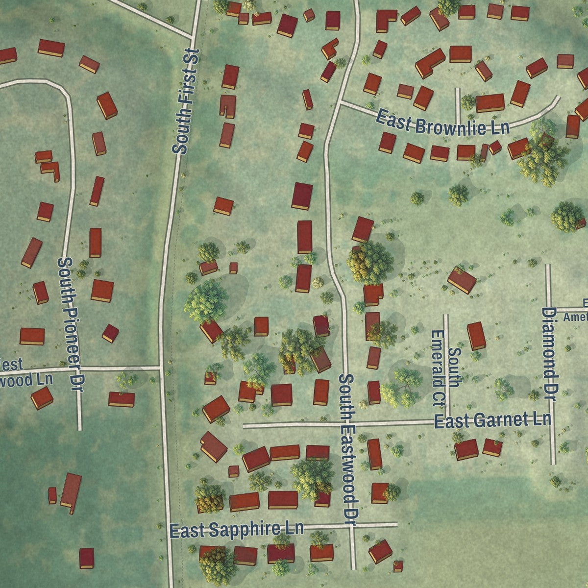 Close-up of the map of Long Grove, Iowa print showing street and building detail