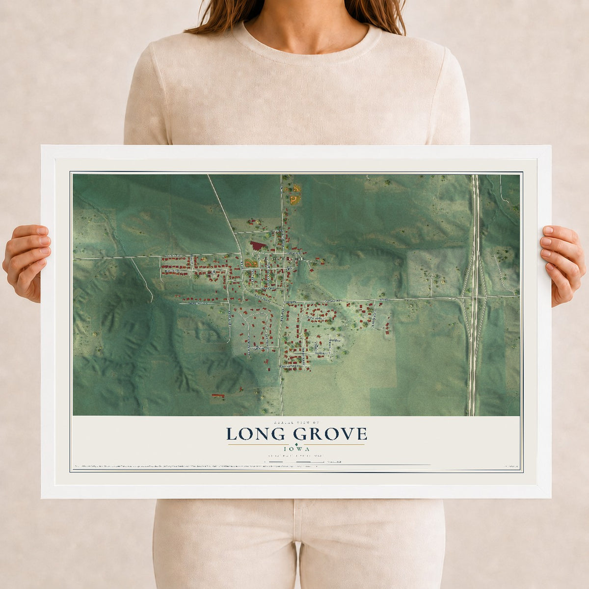 Map of Long Grove, Iowa, 12 x 18 inch print in a white wood frame