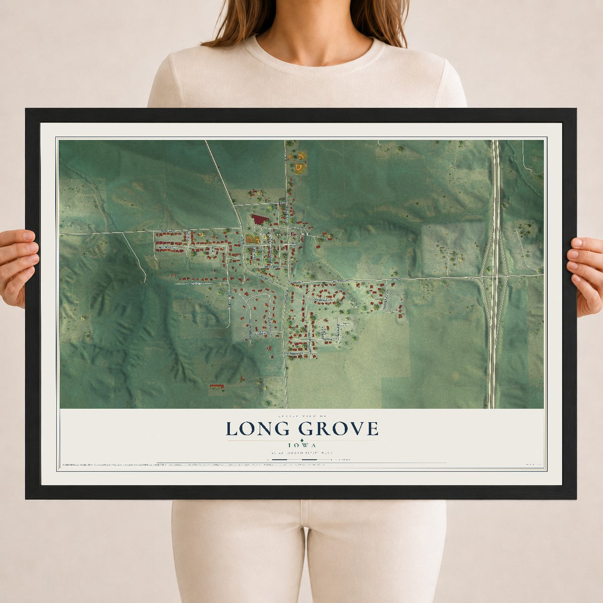 Map of Long Grove, Iowa, 18 x 24 inch print in a black wood frame