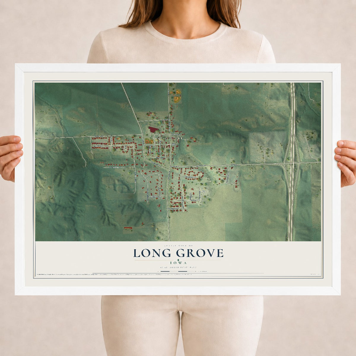 Map of Long Grove, Iowa, 18 x 24 inch print in a white wood frame