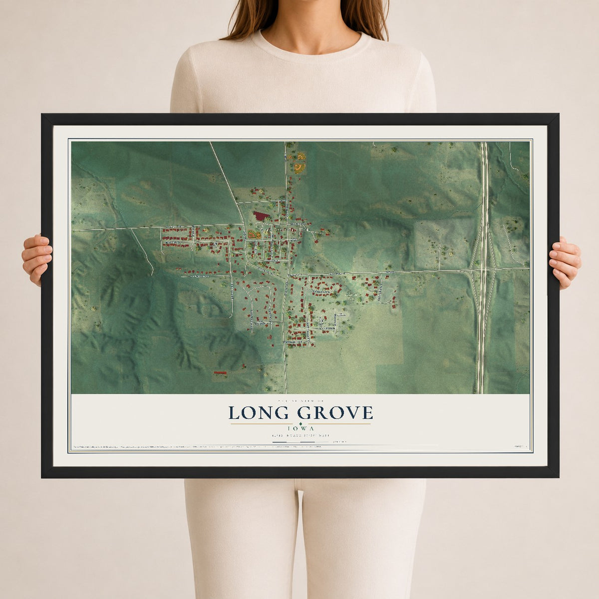 Map of Long Grove, Iowa, 24 x 36 inch print in a black wood frame