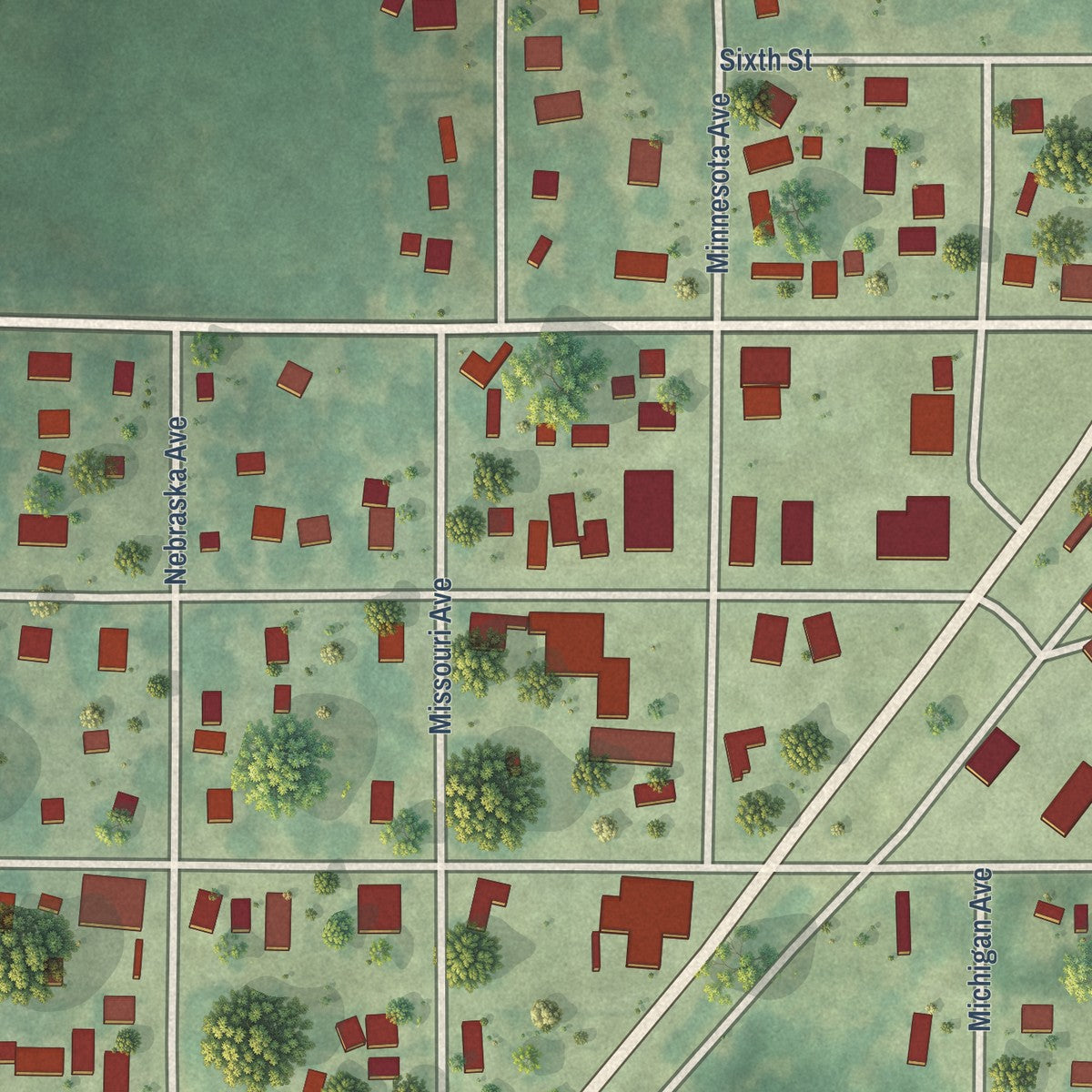 Close-up of the map of Lorimor, Iowa print showing street and building detail