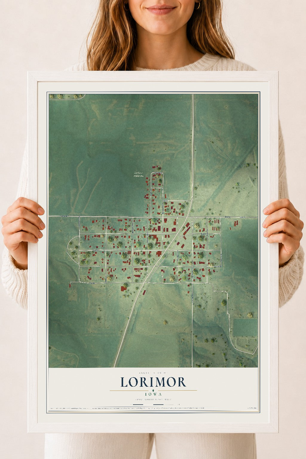 Map of Lorimor, Iowa, 18 x 24 inch print in a white wood frame