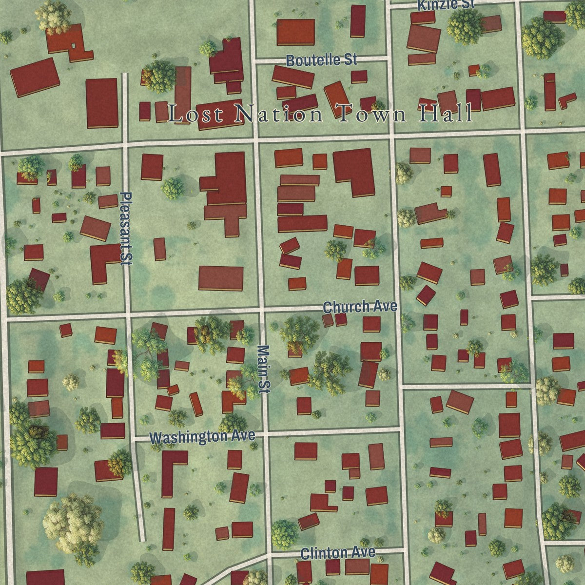 Close-up of the map of Lost Nation, Iowa print showing street and building detail