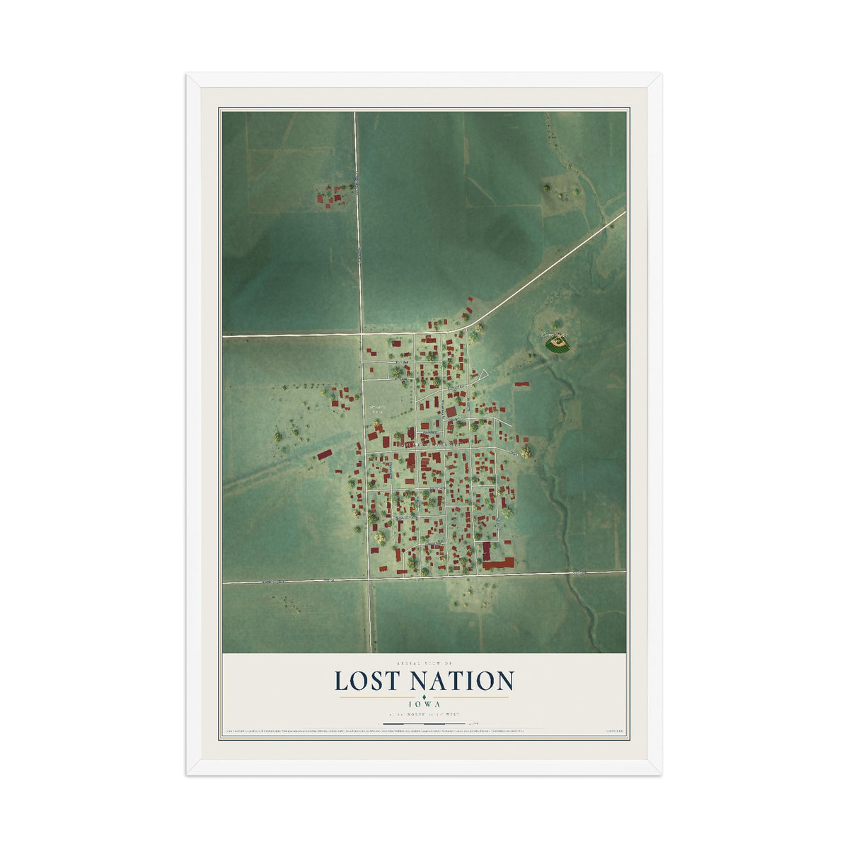Map of Lost Nation, Iowa, 12 x 18 inch print in a white wood frame