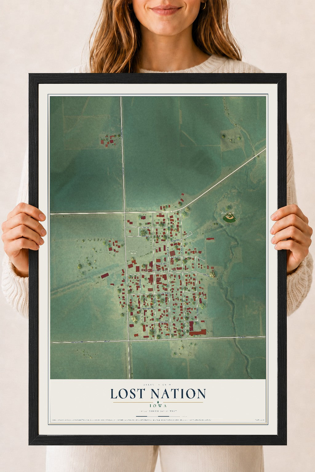 Map of Lost Nation, Iowa, 18 x 24 inch print in a black wood frame