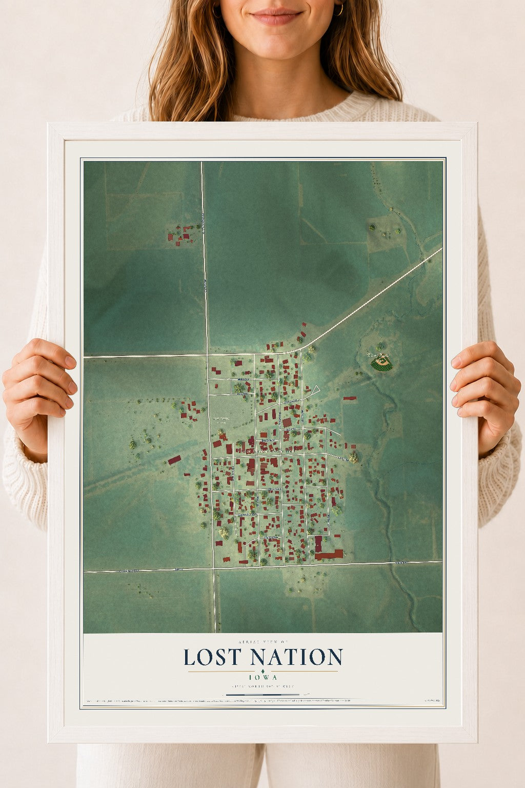 Map of Lost Nation, Iowa, 18 x 24 inch print in a white wood frame