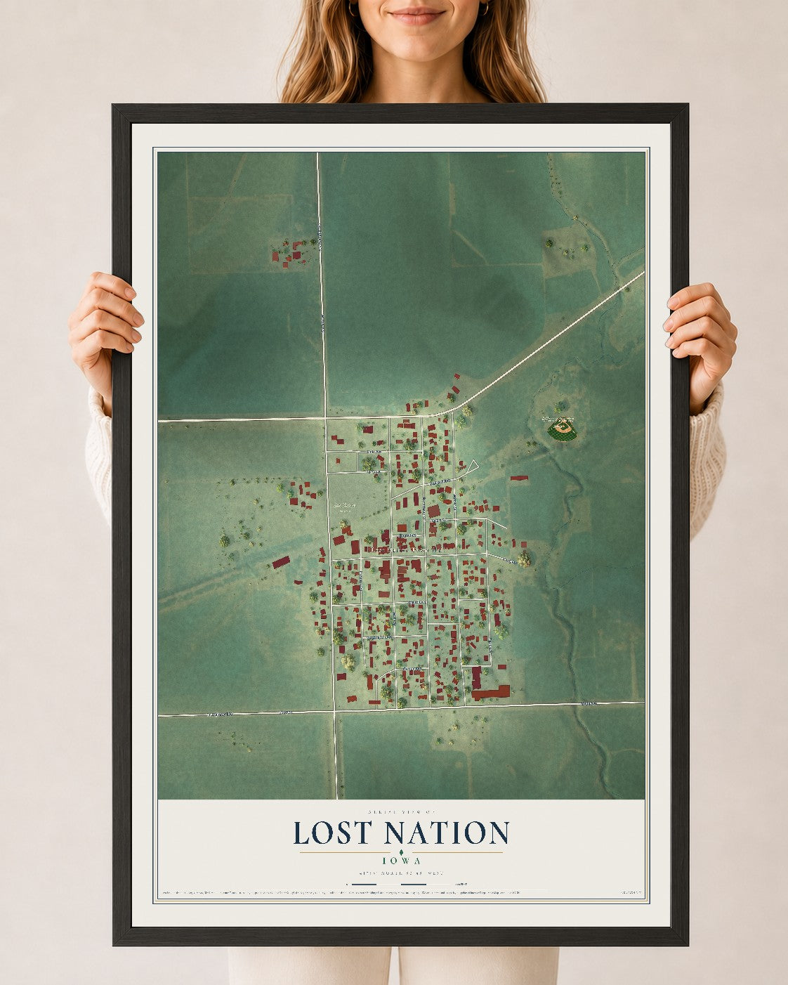 Map of Lost Nation, Iowa, 24 x 36 inch print in a black wood frame