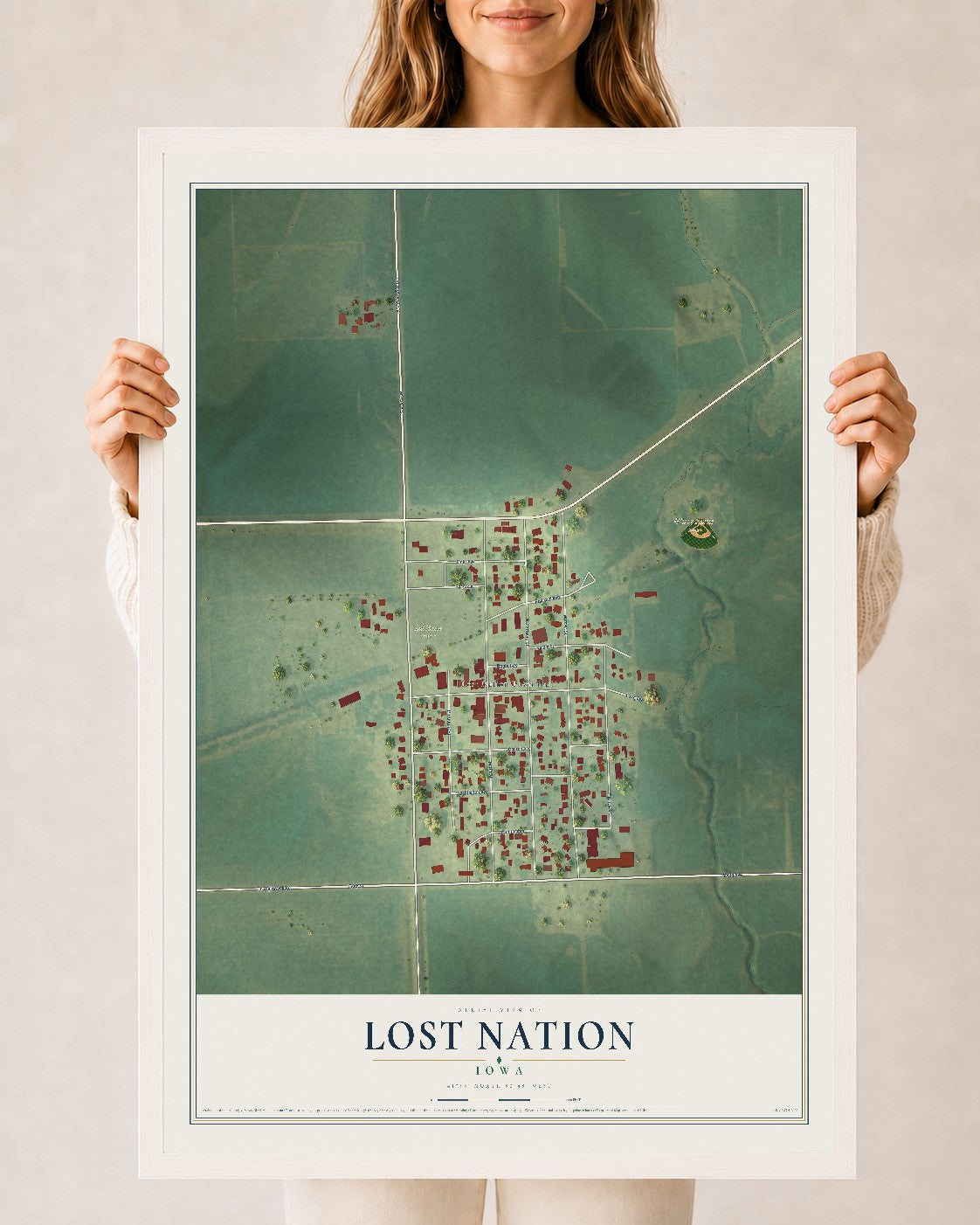 Map of Lost Nation, Iowa, 24 x 36 inch print in a white wood frame