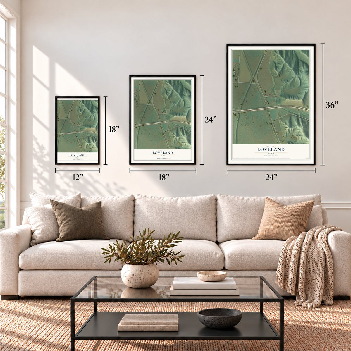Loveland, Iowa map in 12 x 18, 18 x 24 and 24 x 36 inch sizes above a sofa