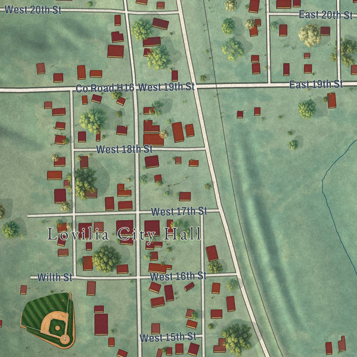 Close-up of the map of Lovilia, Iowa print showing street and building detail