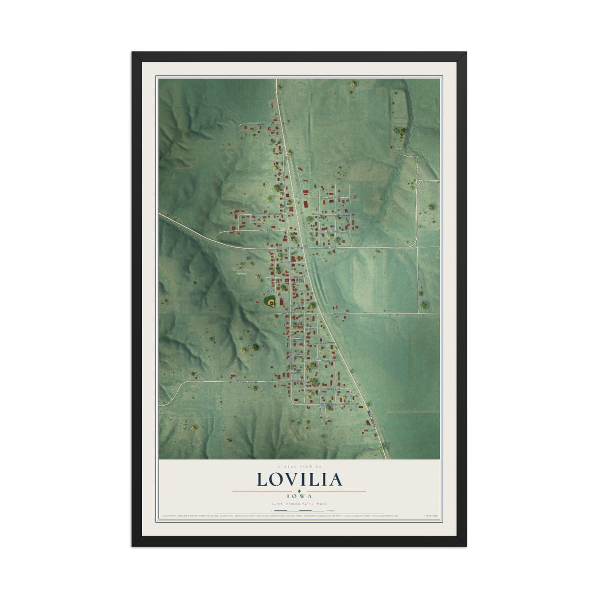 Map of Lovilia, Iowa, 12 x 18 inch print in a black wood frame