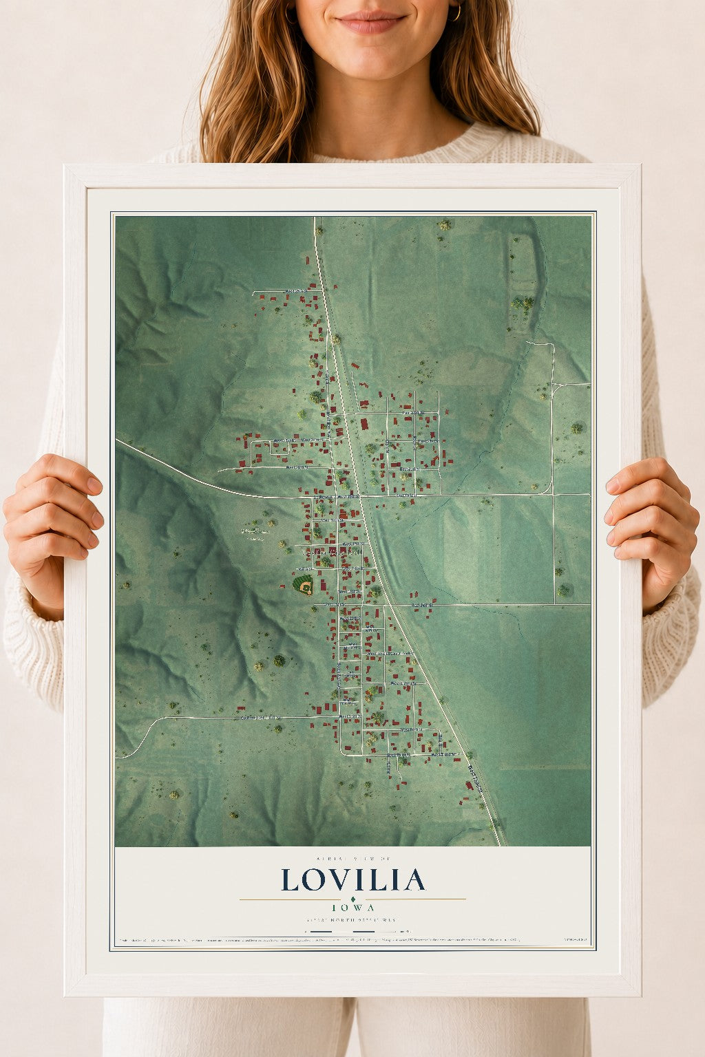 Map of Lovilia, Iowa, 18 x 24 inch print in a white wood frame