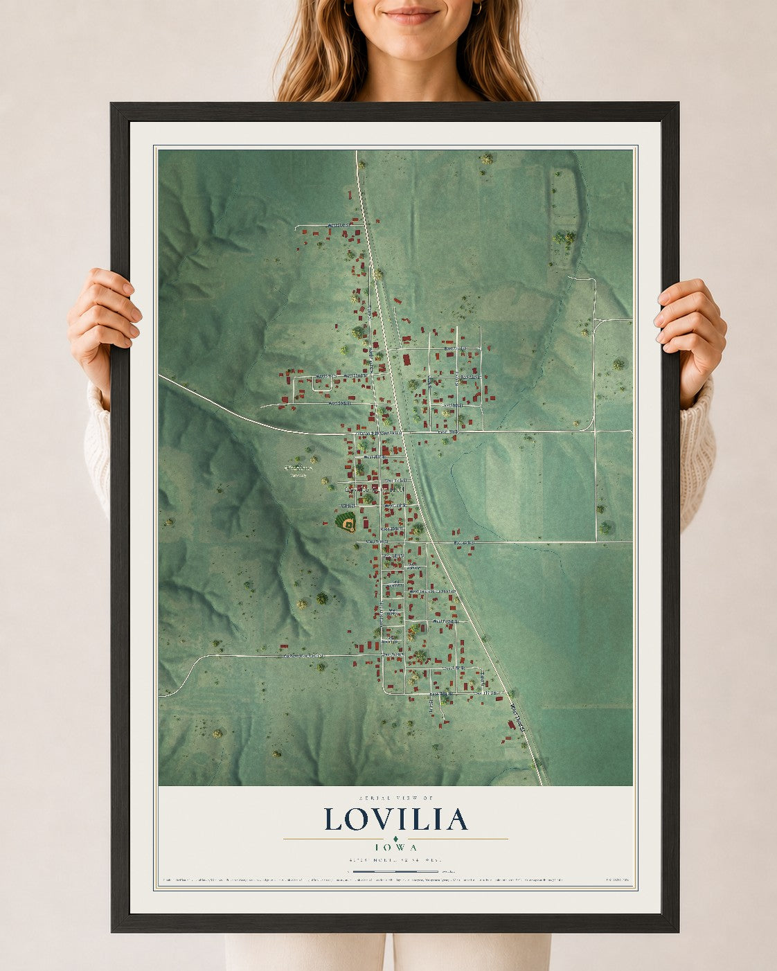 Map of Lovilia, Iowa, 24 x 36 inch print in a black wood frame