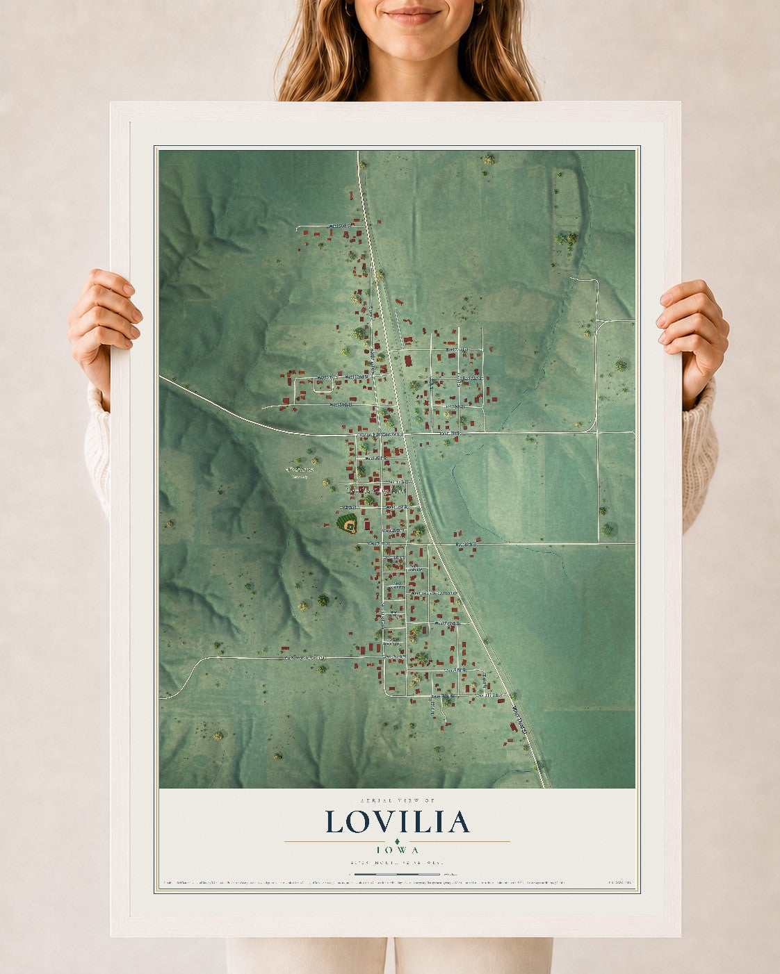 Map of Lovilia, Iowa, 24 x 36 inch print in a white wood frame