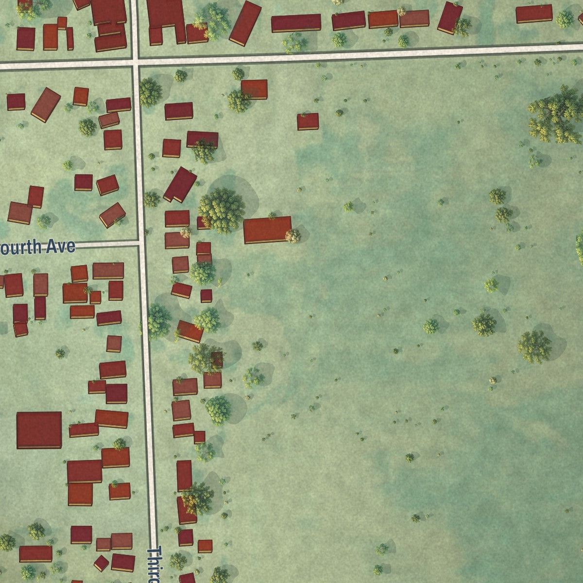 Close-up of the map of Low Moor, Iowa print showing street and building detail