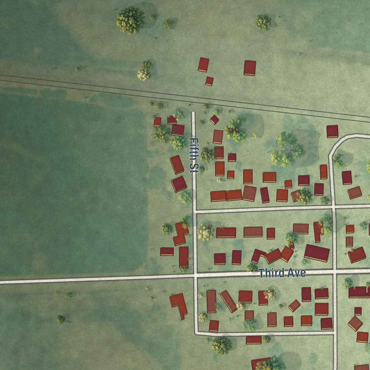 Second close-up of the map of Low Moor, Iowa print showing more streets and buildings