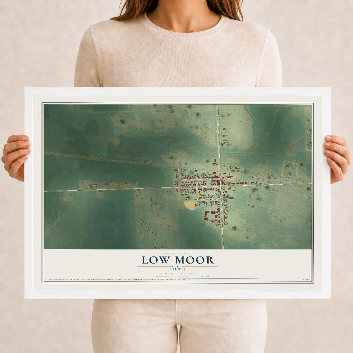 Map of Low Moor, Iowa, 12 x 18 inch print in a white wood frame
