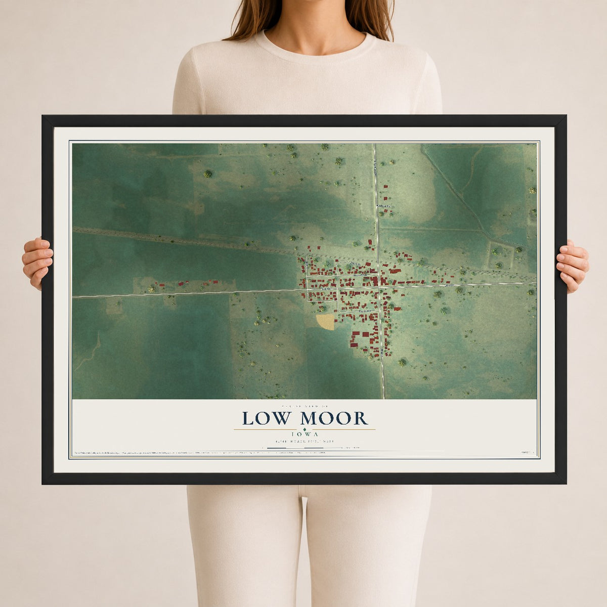 Map of Low Moor, Iowa, 24 x 36 inch print in a black wood frame