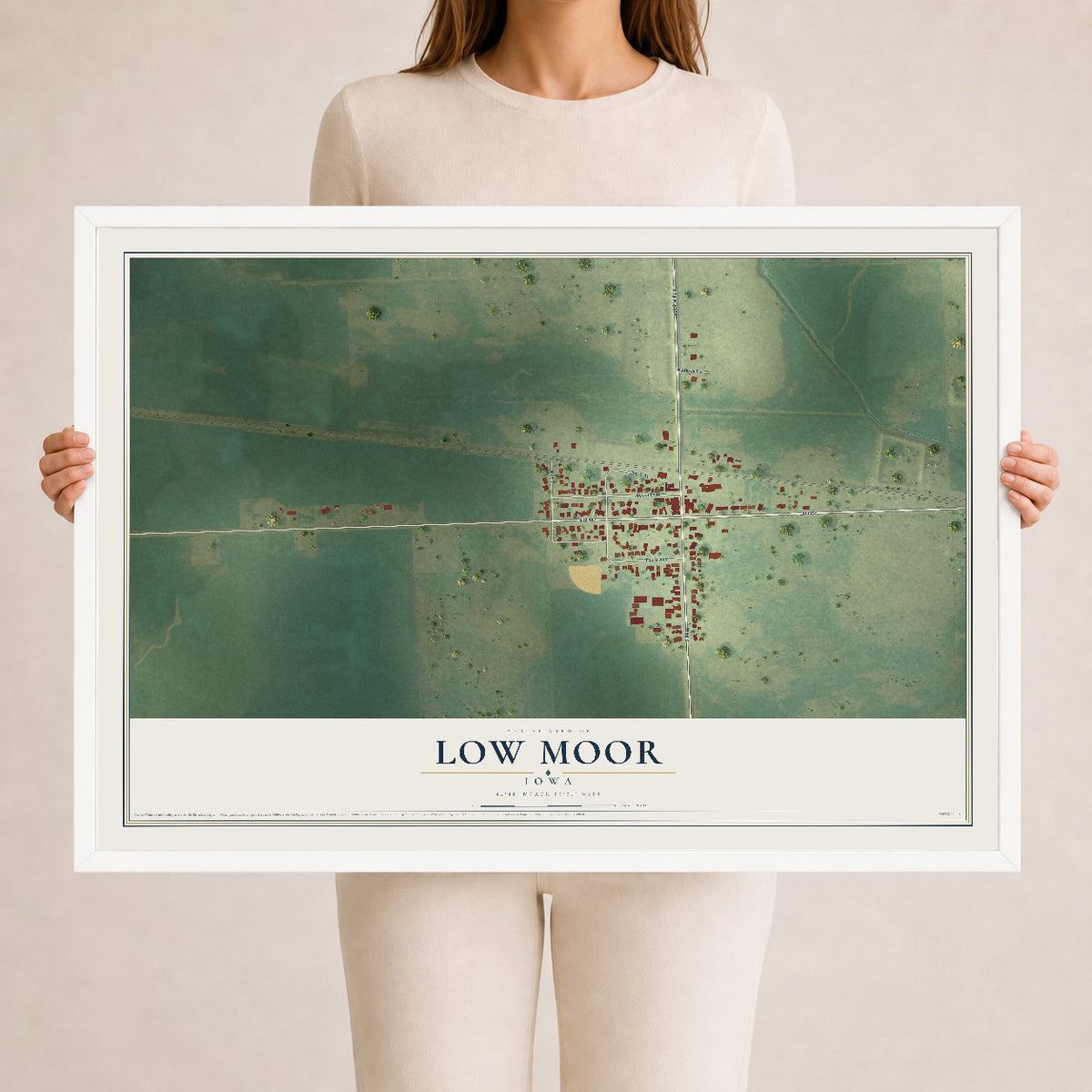 Map of Low Moor, Iowa, 24 x 36 inch print in a white wood frame