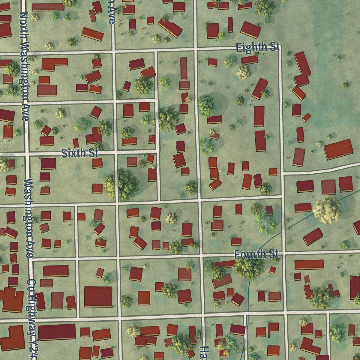 Close-up of the map of Lowden, Iowa print showing street and building detail